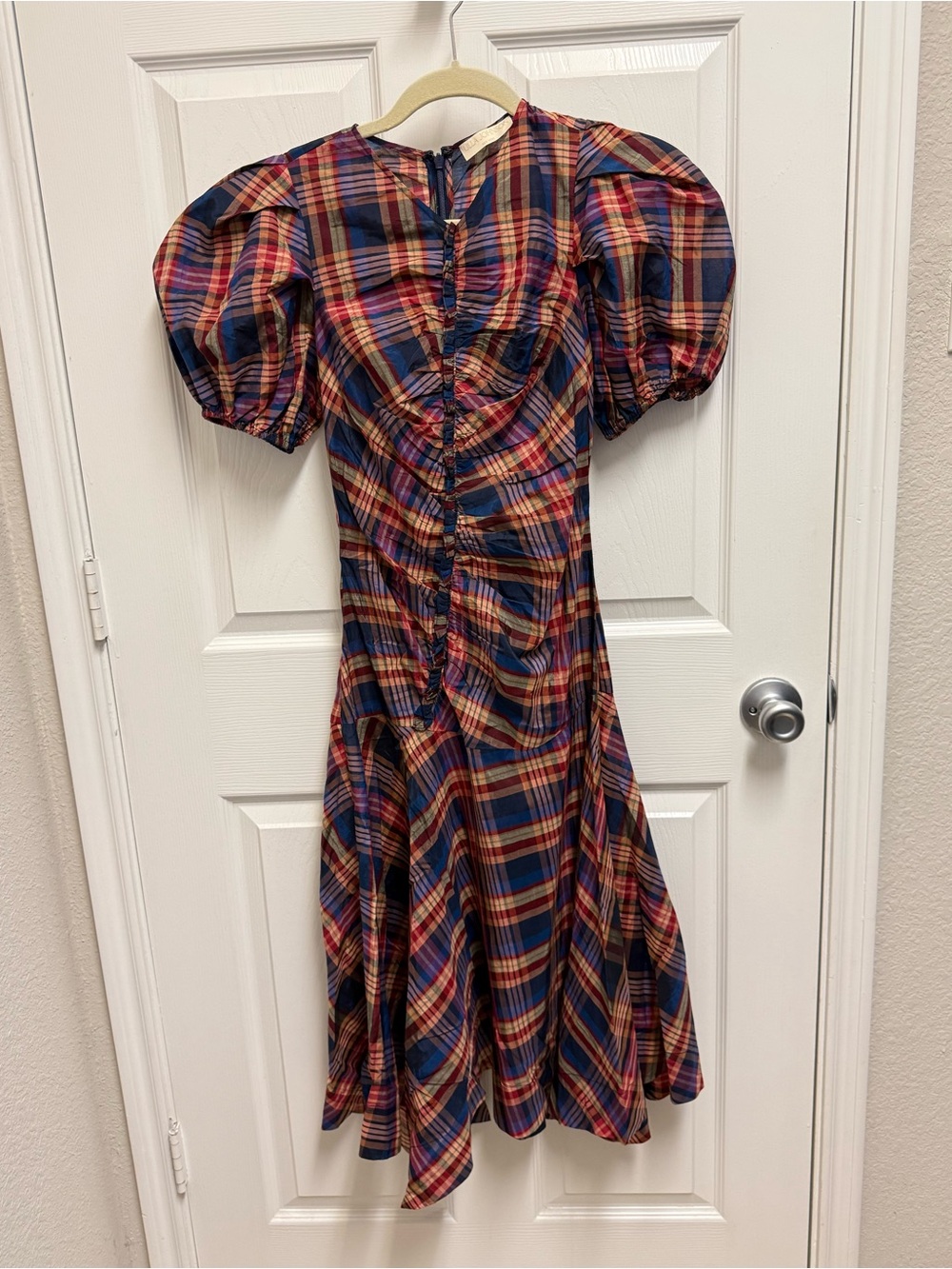 Ulla Johnson Plaid Puff-Sleeve Midi Dress in Navy & Red